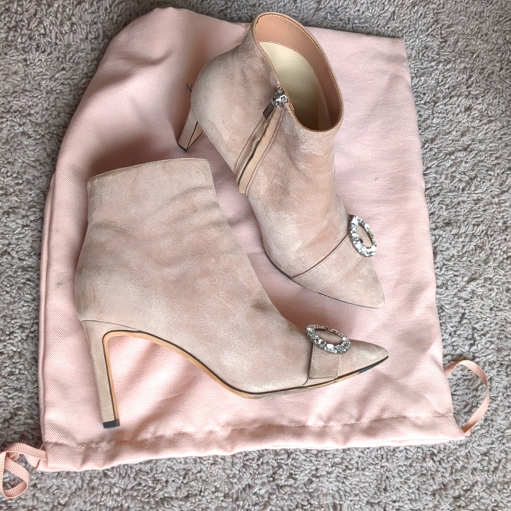 Jimmy Choo Hanover ankle boot bootie pink coral crystal buckle suede heels 37.5